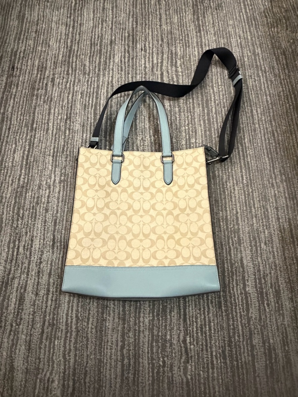 Coach Beige Signature Canvas Tote with Light Blue Trim - Picture 5 of 16